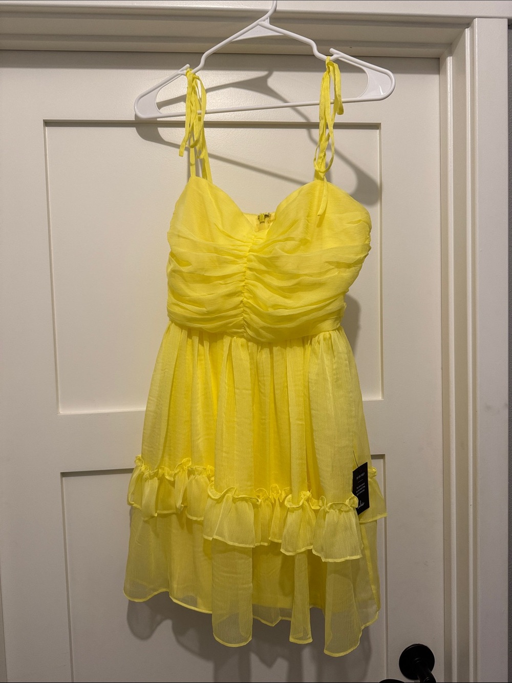 Yellow Ruffle Tie-Shoulder Homecoming dress NWT